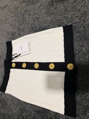 Balmain White and Black Knit Skirt with Gold Medallion Buttons